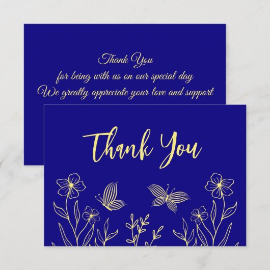 Carte De Remerciements Fleur d'or simple bleu mariage (Devant / Derrière)