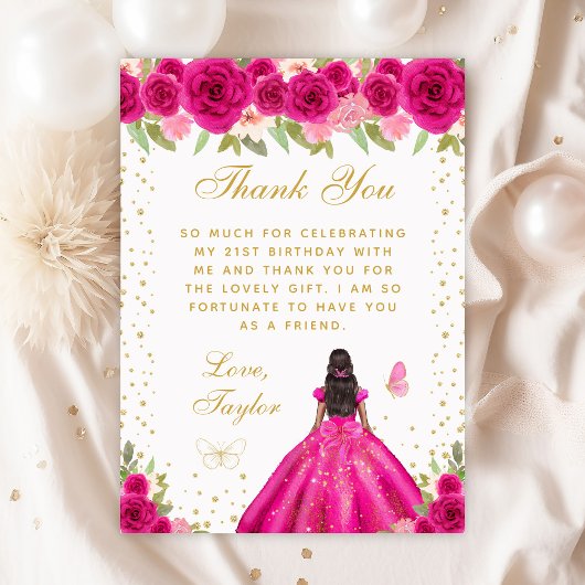 Carte De Remerciements Fleur rose chaud foncé Peau foncée Princesse Anniv