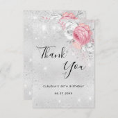 Carte De Remerciements Fleur rose parties scintillant d'argent d'annivers (Devant / Derrière)