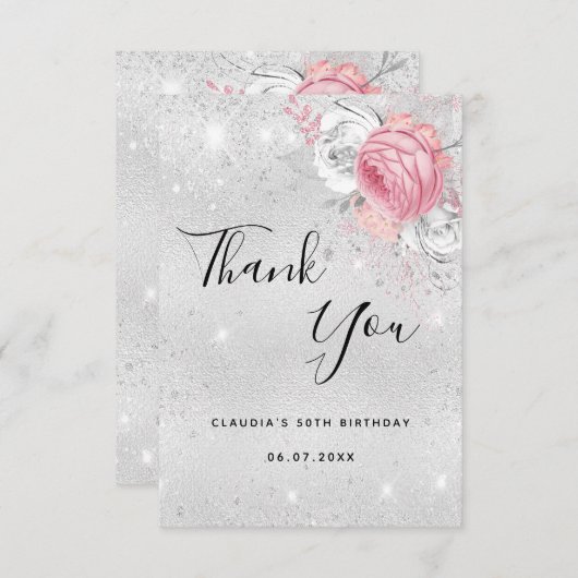 Carte De Remerciements Fleur rose parties scintillant d'argent d'annivers (Devant / Derrière)