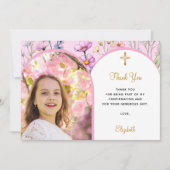Carte De Remerciements Fleur rose photo arc fille croix Confirmation (Devant)