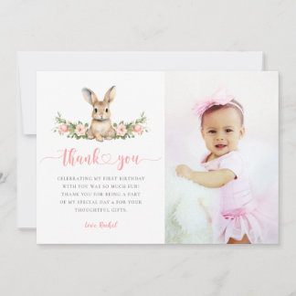 Carte De Remerciements Fleur rose some bunny girl 1ère anniversaire photo