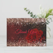 Carte De Remerciements Fleur rouge chic paillettes or faux (Debout devant)