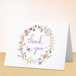 Carte De Remerciements Fleur sauvage Aquarelle bébé fille douche<br><div class="desc">Une élégante carte de remerciements de douche pour bébé avec "merci" écrite en style lavande et aquarelles d'inspiration boho d'une couronne de fleurs sauvages violets, roses, pêche et jaunes et d'un papillon violet. À l'intérieur, personnalisez votre message de remerciement et ajoutez votre nom dans un script signature ou laissez vide...</div>