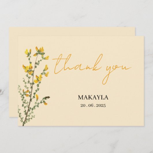 Carte De Remerciements Fleur sauvage Boho jaune script moderne (Devant / Derrière)