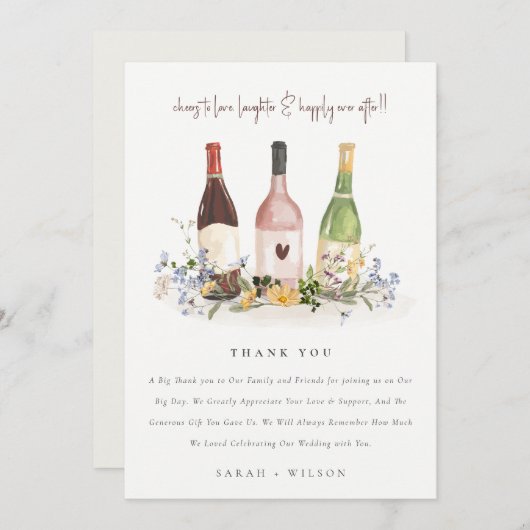 Carte De Remerciements Fleur sauvage Cheers to Love Wine Bottts Mariage (Devant / Derrière)