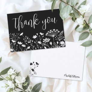 Carte De Remerciements Fleur Sauvage Élégante Noire