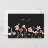 Carte De Remerciements Fleur sauvage simple couleur noire Mariage floral (Devant)