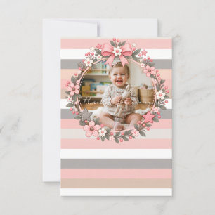 Carte De Remerciements Fleurs à rayures grises roses Photo Baby Shower