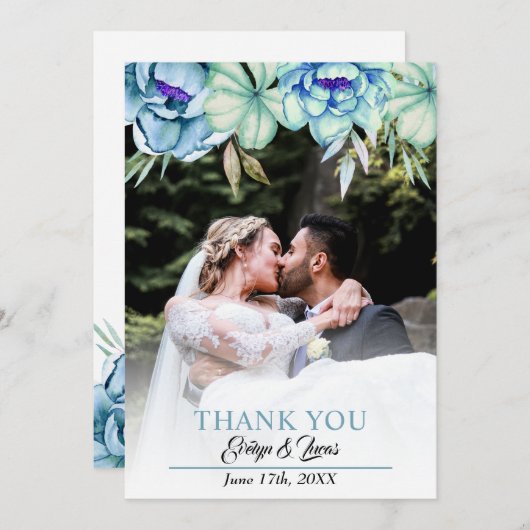 Carte De Remerciements Fleurs aquarelles bleues et vert menthe mariage fl (Devant / Derrière)