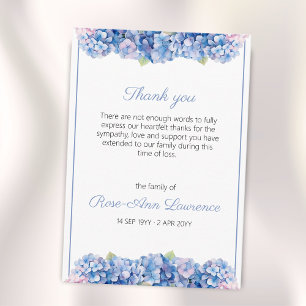 Carte De Remerciements Fleurs aquarelles hydrangea bleu funérailles