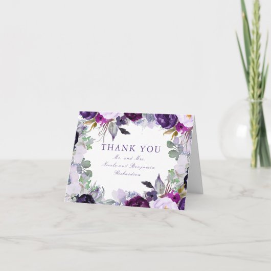Carte De Remerciements Fleurs aquarelles violettes Mariage Remerciements (Devant)