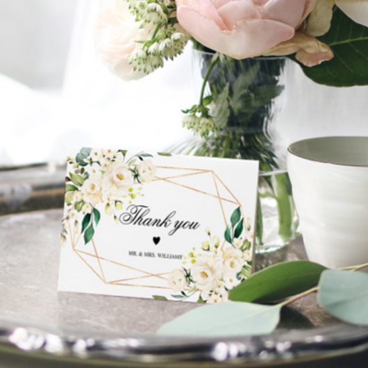 Carte De Remerciements Fleurs blanches et cadre or