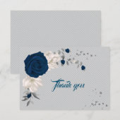 Carte De Remerciements fleurs bleu marine et blanches feuilles grises (Devant / Derrière)