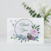 Carte De Remerciements Fleurs bleu pourpre vert feuille mariage (Debout devant)