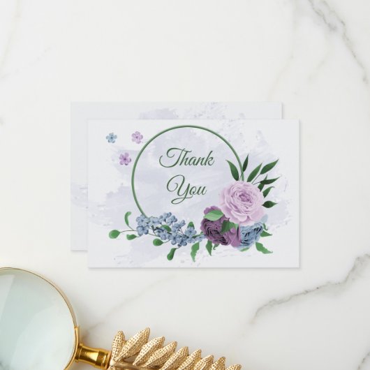 Carte De Remerciements Fleurs bleu pourpre vert feuille mariage (Devant/Arrière en situation)