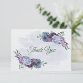 Carte De Remerciements Fleurs bleu pourpre vert feuille mariage (Debout devant)