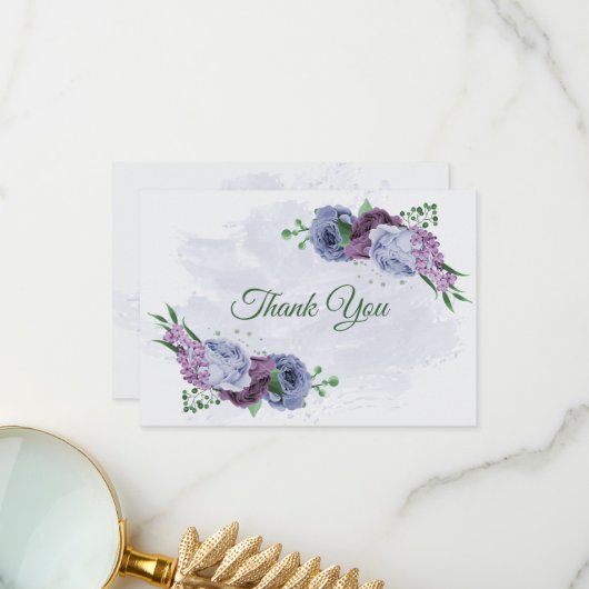 Carte De Remerciements Fleurs bleu pourpre vert feuille mariage (Devant/Arrière en situation)