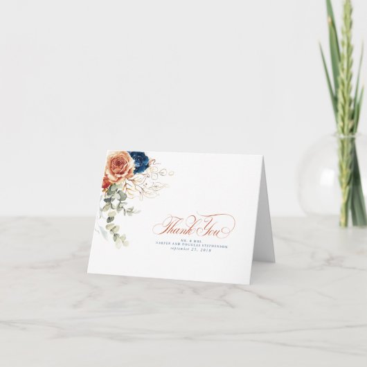 Carte De Remerciements Fleurs Bleues de la Marine en terre cuite Boho Mer (Devant)
