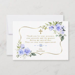 Carte De Remerciements Fleurs bleues de luxe Gold Frame Boy Baptême