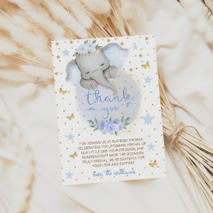 Carte De Remerciements Fleurs Bleues d'Éléphant Lune Baby Shower
