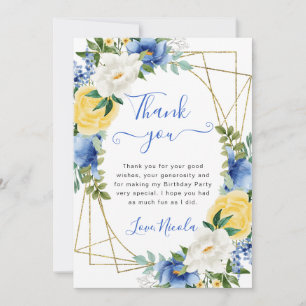 Carte De Remerciements Fleurs bleues et jaunes Cadre doré Anniversaire