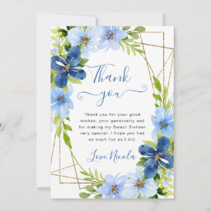 Carte De Remerciements Fleurs bleues et marines Gold Frame Sweet 16