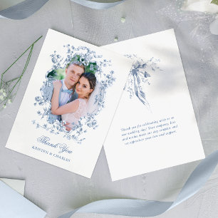 Carte De Remerciements Fleurs Bleues et Rubans Mariage Photo