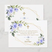 Carte De Remerciements Fleurs bleues Gold Frame Cross Garçon Baptême (Devant / Derrière)