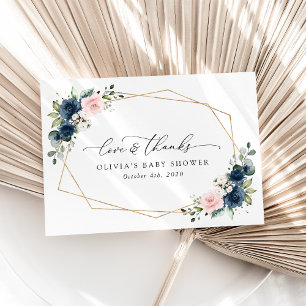 Carte De Remerciements Fleurs Bleues Marine, Fleurs Roses, Baby shower