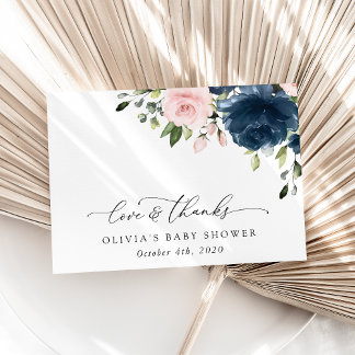 Carte De Remerciements Fleurs Bleues Marine, Fleurs Roses, Baby shower