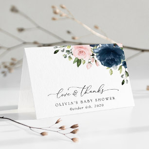 Carte De Remerciements Fleurs Bleues Marine, Fleurs Roses, Baby shower