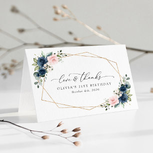 Carte De Remerciements Fleurs Bleues Marine, Fleurs Roses, Boho, Annivers