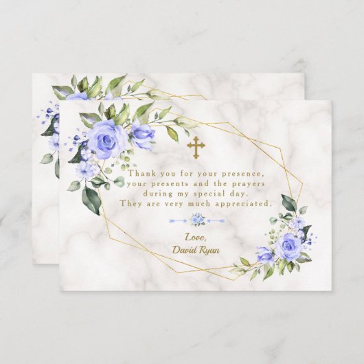 Carte De Remerciements Fleurs Bleues Trame Or Croix Marbre Garçon Baptême (Devant / Derrière)