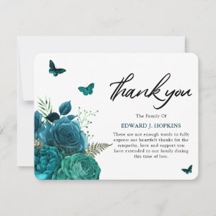 Carte De Remerciements Fleurs bleues turquoise et papillons funéraires