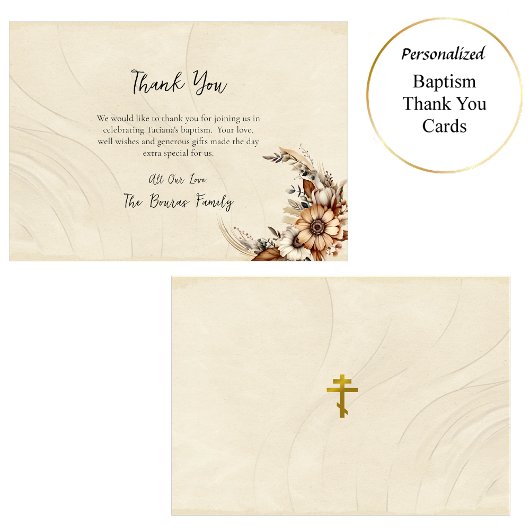 Carte De Remerciements Fleurs Boho Pampas Baptême chrétien orthodoxe