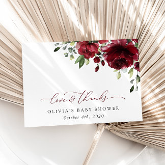Carte De Remerciements Fleurs Bourgognes, Fleurs Rouges, Boho, Baby showe
