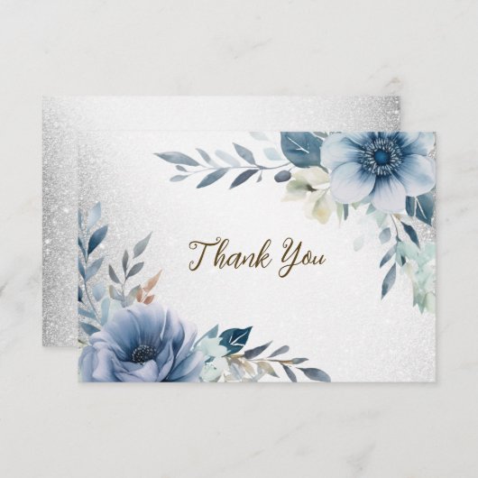 Carte De Remerciements Fleurs d'Aquarelle bleu Dusty Silver Elégant (Devant / Derrière)