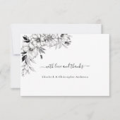 Carte De Remerciements Fleurs d'art à trait main Mariage noir blanc (Devant)