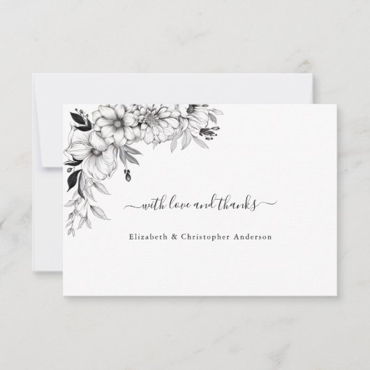 Carte De Remerciements Fleurs d'art à trait main Mariage noir blanc (Devant)