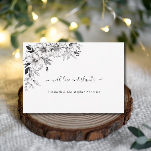 Carte De Remerciements Fleurs d'art à trait main Mariage noir blanc