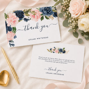 Carte De Remerciements Fleurs de Baby Shower Rose Pâle et Bleu Marine