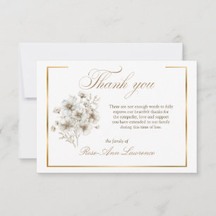 Carte De Remerciements Fleurs de Cosmos Blanc Funéraire Élégant Cadre Dor