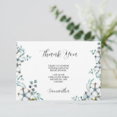 Carte De Remerciements Fleurs de coton bleu marine eucalyptus Baby Shower (Debout devant)