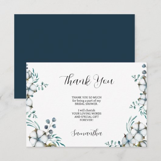 Carte De Remerciements Fleurs de coton bleu marine eucalyptus Baby Shower (Devant / Derrière)