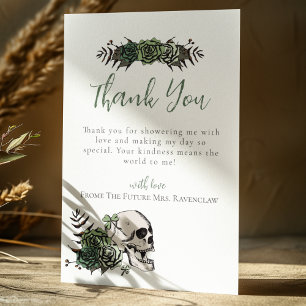 Carte De Remerciements Fleurs de crâne Roses Vertes Jour de Mariage Gothi