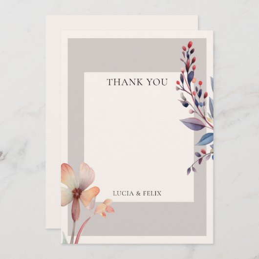 Carte De Remerciements Fleurs de feuilles bleues aquarelles classiques Ma (Devant / Derrière)