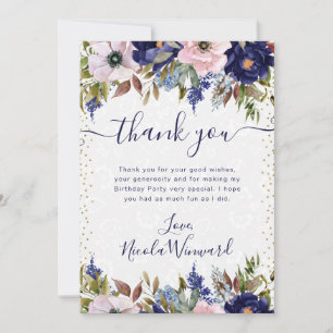 Carte De Remerciements Fleurs de naissance aquarelle bleu marine et crème
