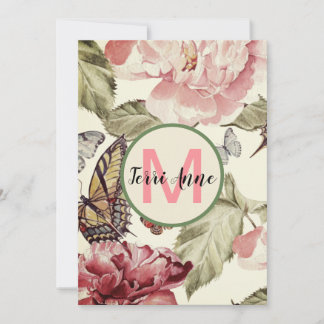 Carte De Remerciements Fleurs de pivoine et papillons avec initiale plate