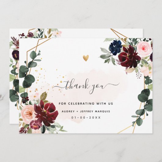 Carte De Remerciements Fleurs de PixDezines Élégant H2 Bordeaux Blush Nav (Devant / Derrière)